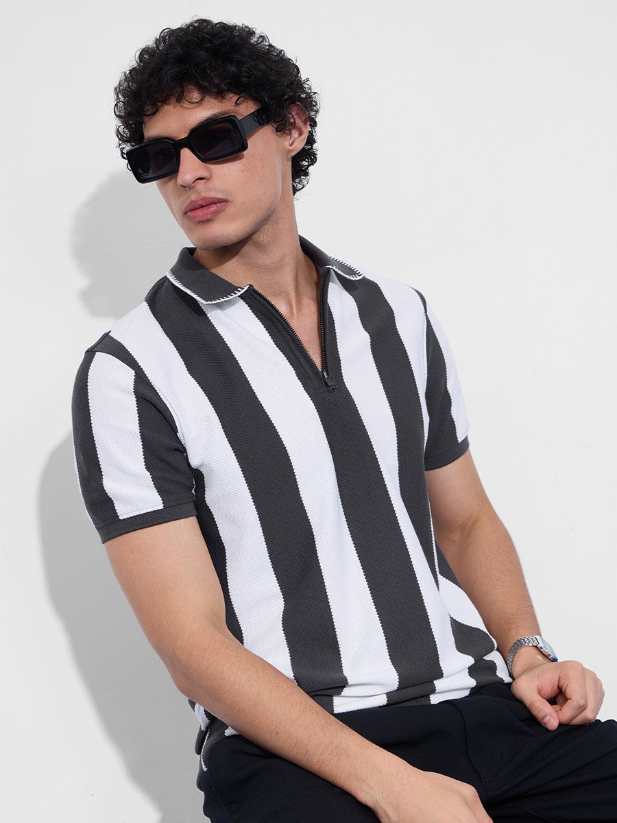 Men Grey Striped Textured Polo