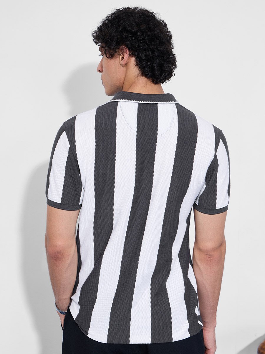 Men Grey Striped Textured Polo