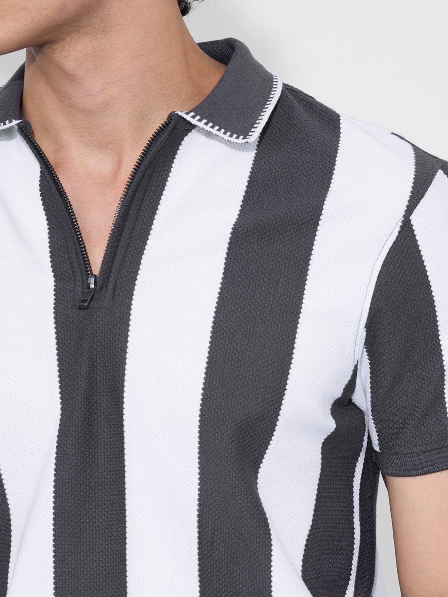 Men Grey Striped Textured Polo