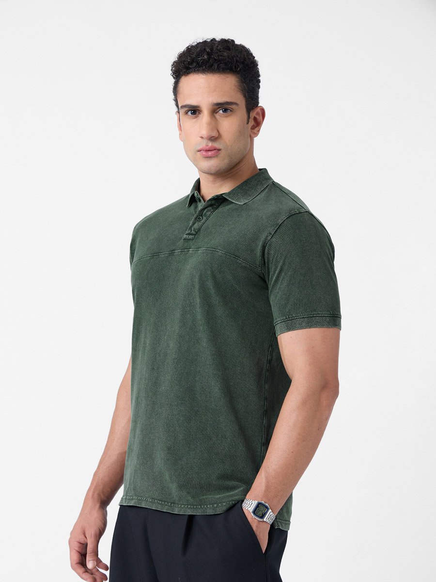 Men Green Vintage Wash Polo