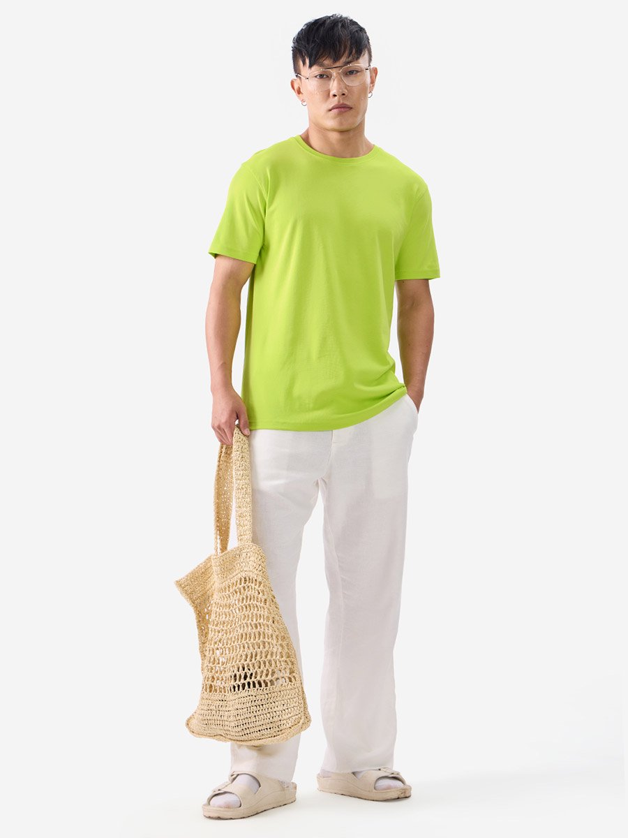 Men Neon Green Plain Interlock Cotton T-Shirt