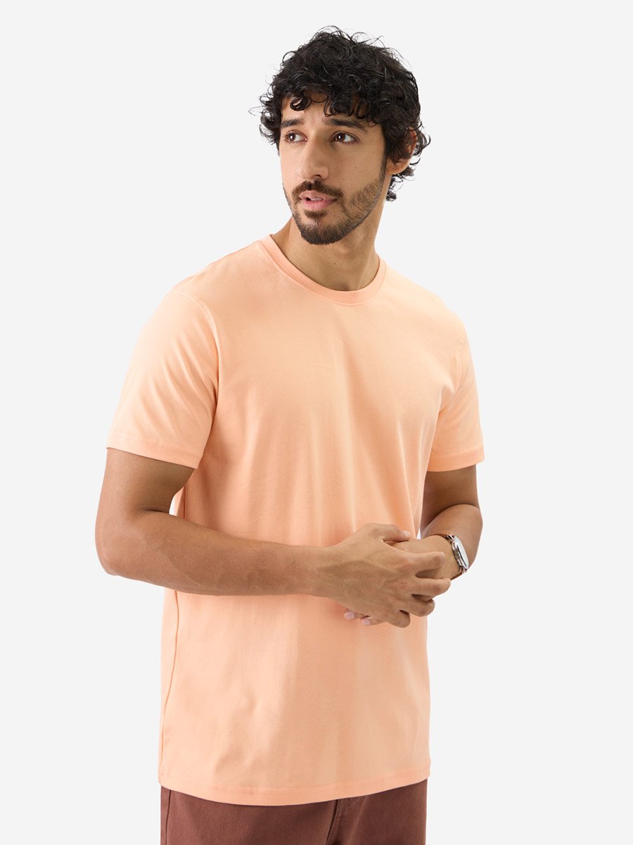 Men Peach Plain Interlock Cotton T-Shirt