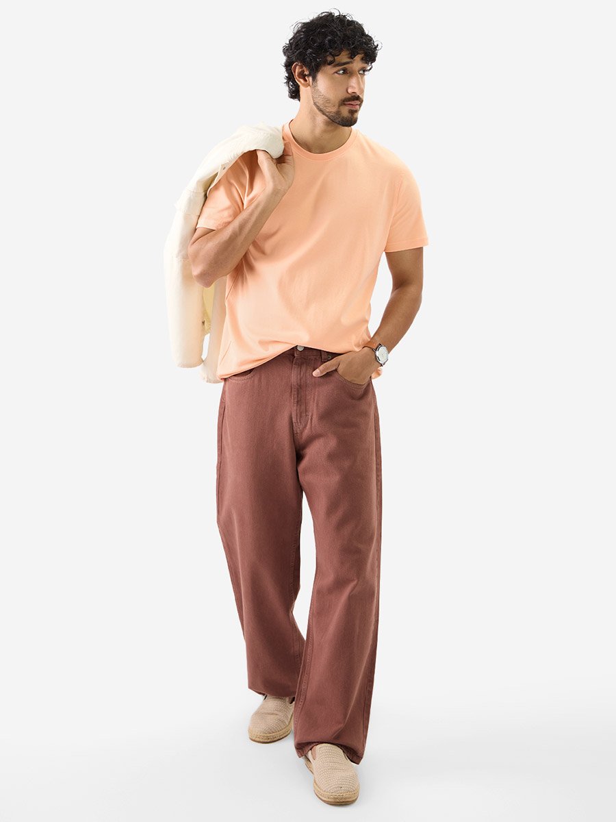 Men Peach Plain Interlock Cotton T-Shirt