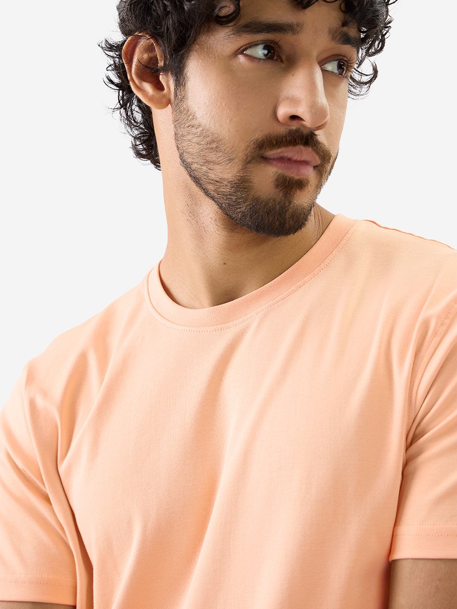 Men Peach Plain Interlock Cotton T-Shirt