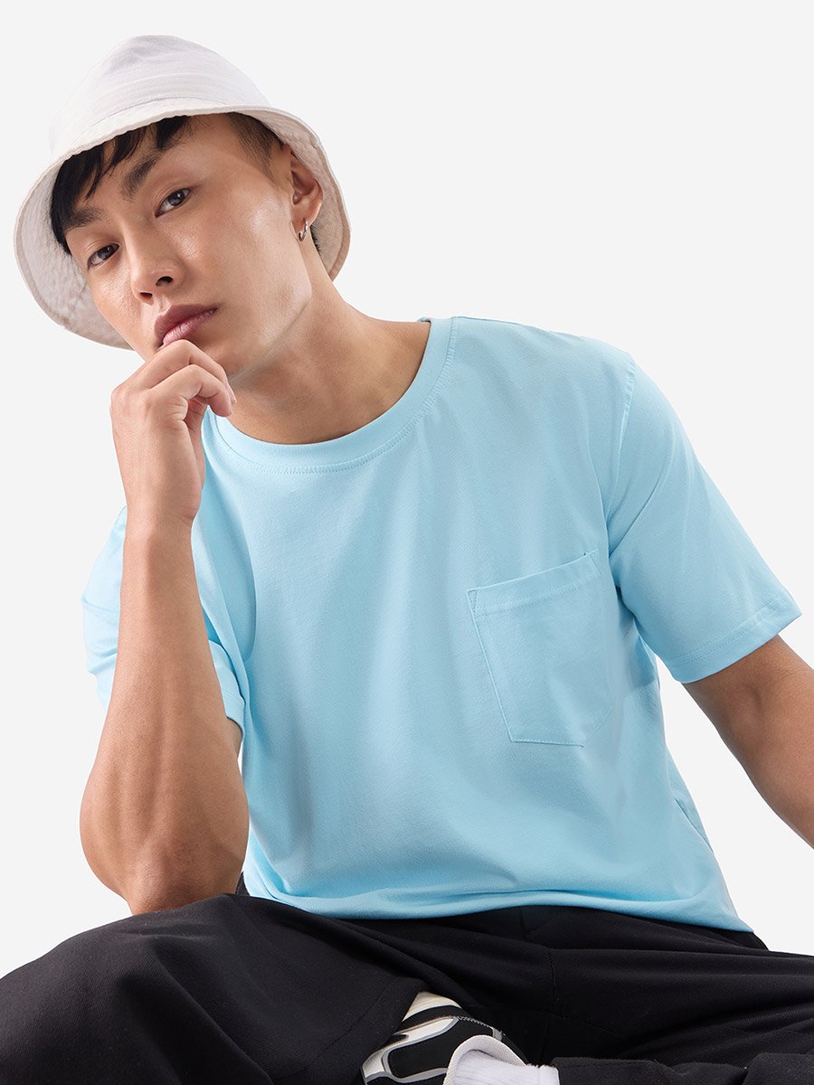 Men Blue Solid Cotton T-Shirt