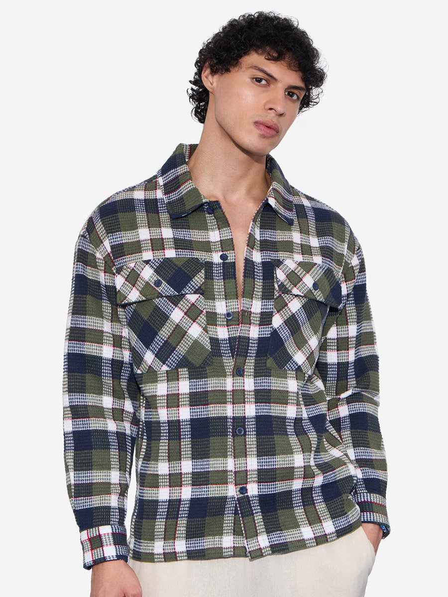 Men Green Checked Flannel Textured Shirt