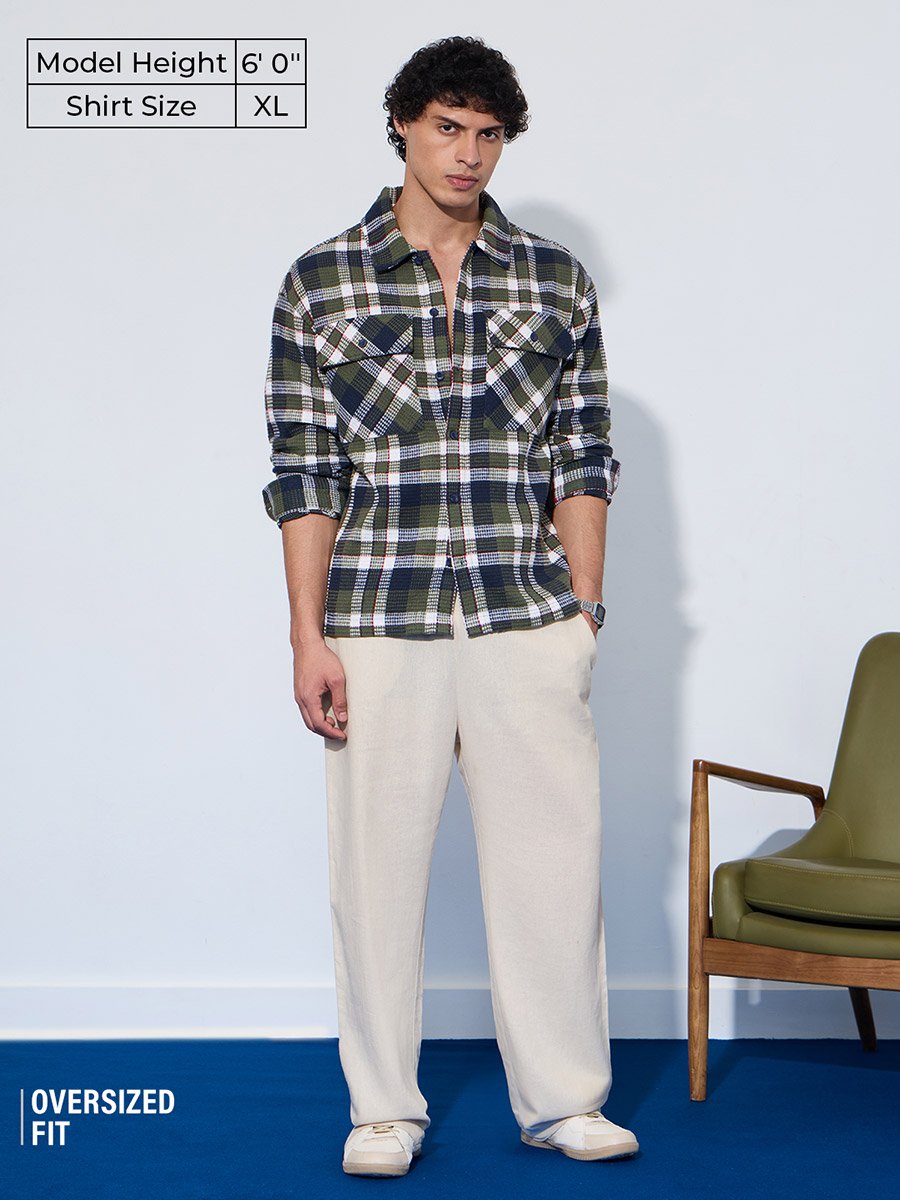 Men Green Checked Flannel Textured Shirt