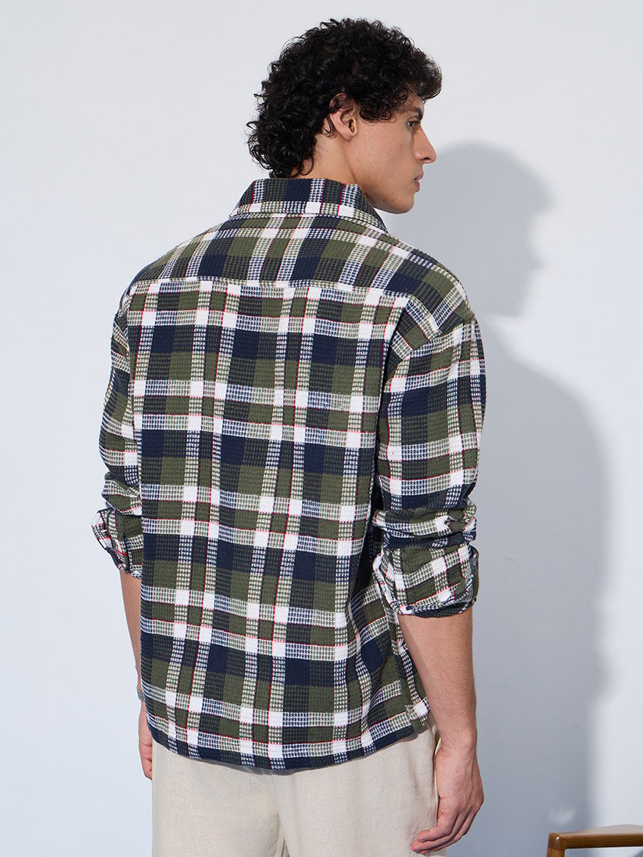 Men Green Checked Flannel Textured Shirt