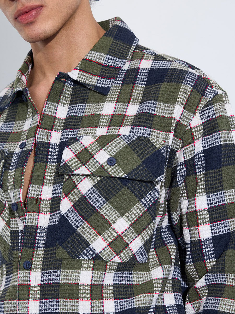 Men Green Checked Flannel Textured Shirt
