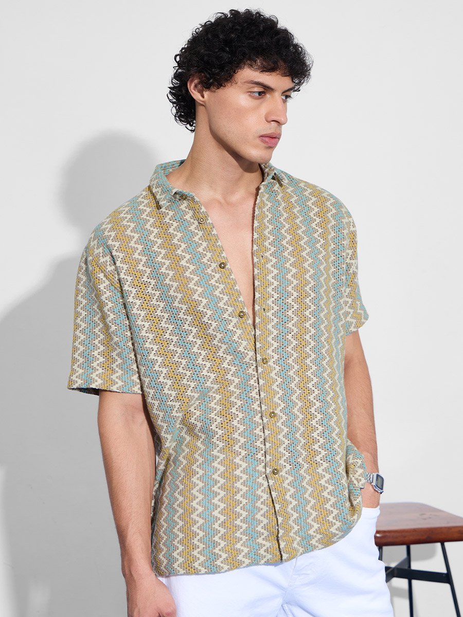 Men Multi Chevron Open Knit Oversized Shirt