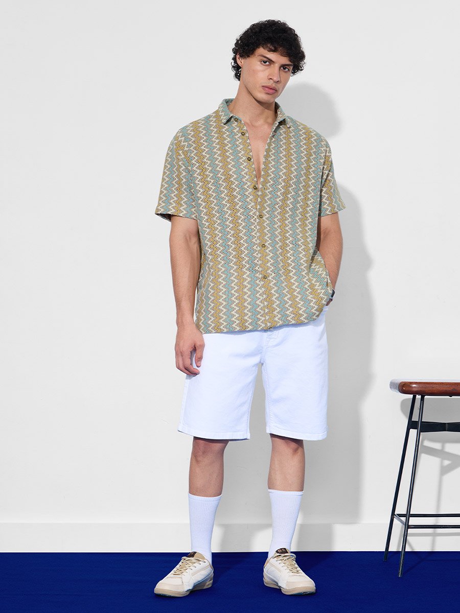 Men Multi Chevron Open Knit Oversized Shirt