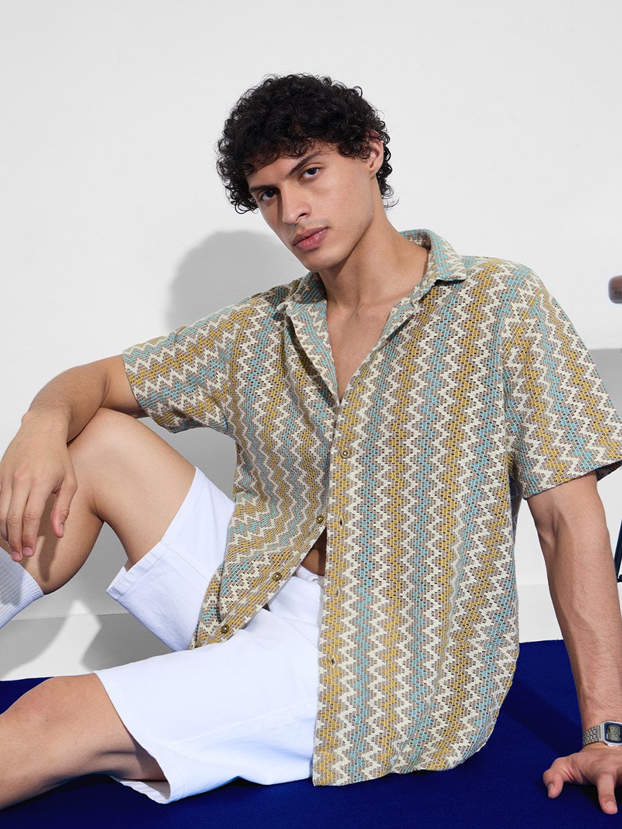 Men Multi Chevron Open Knit Oversized Shirt