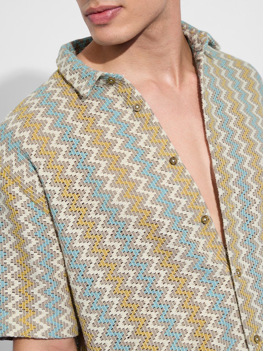 Men Multi Chevron Open Knit Oversized Shirt