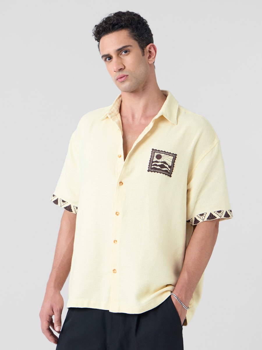 Men Cream Textured Oversized Shirt