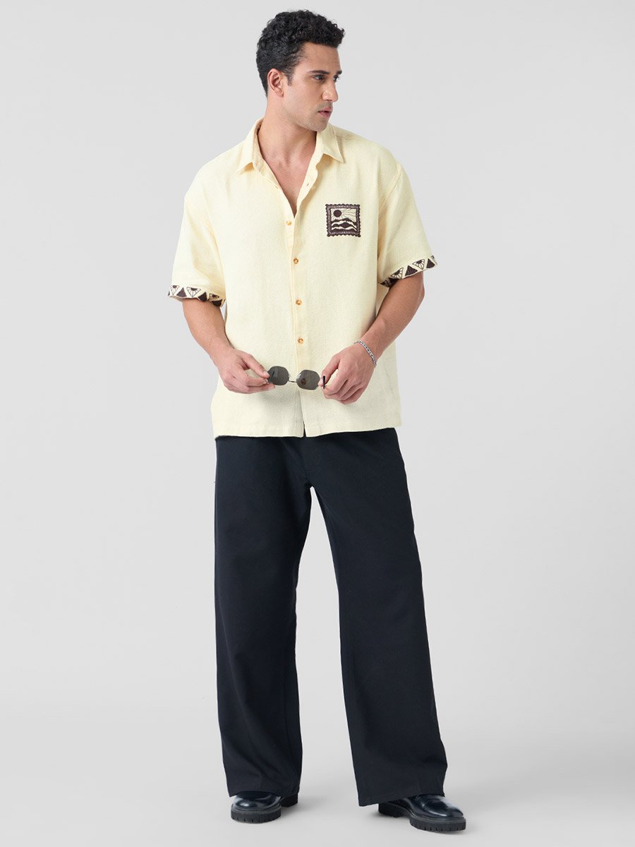 Men Cream Textured Oversized Shirt