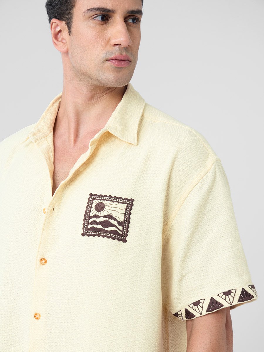 Men Cream Textured Oversized Shirt