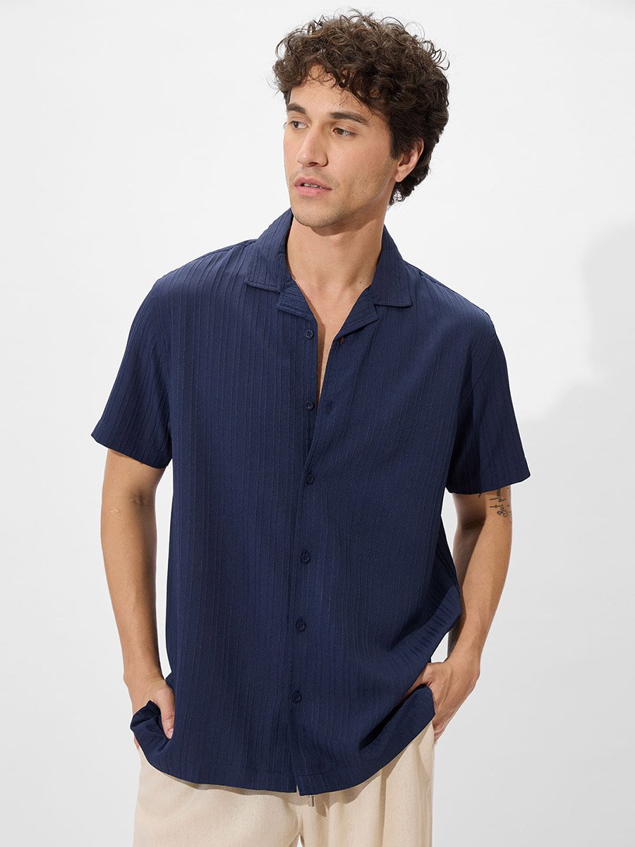 Men Navy Resort Collar Textured Shirt