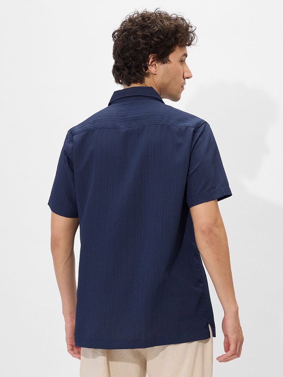 Men Navy Resort Collar Textured Shirt