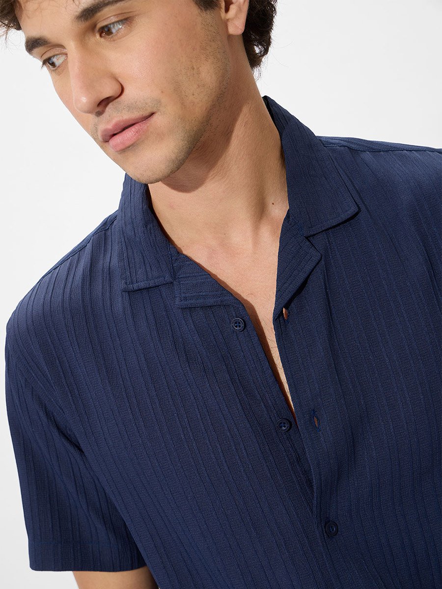 Men Navy Resort Collar Textured Shirt