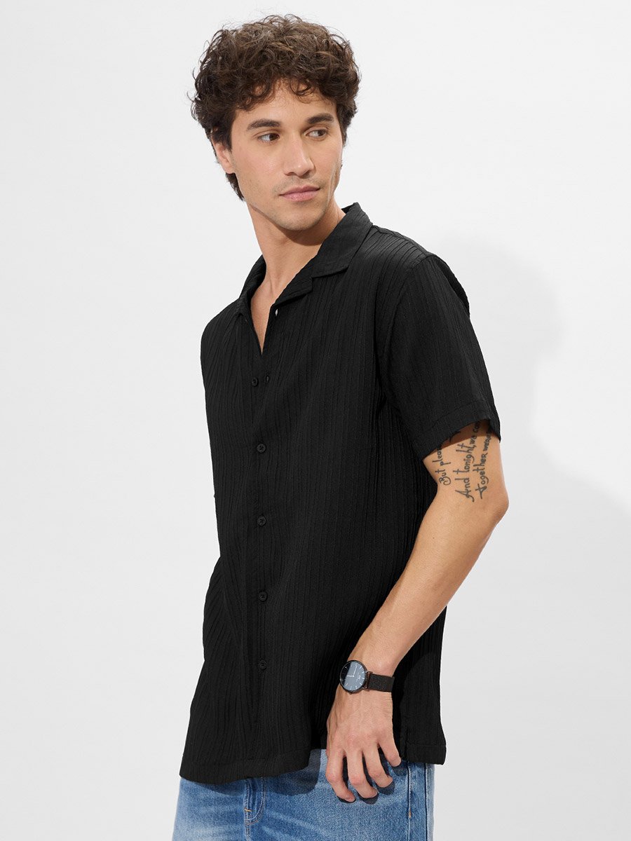 Men Black Resort Collar Textured Shirt