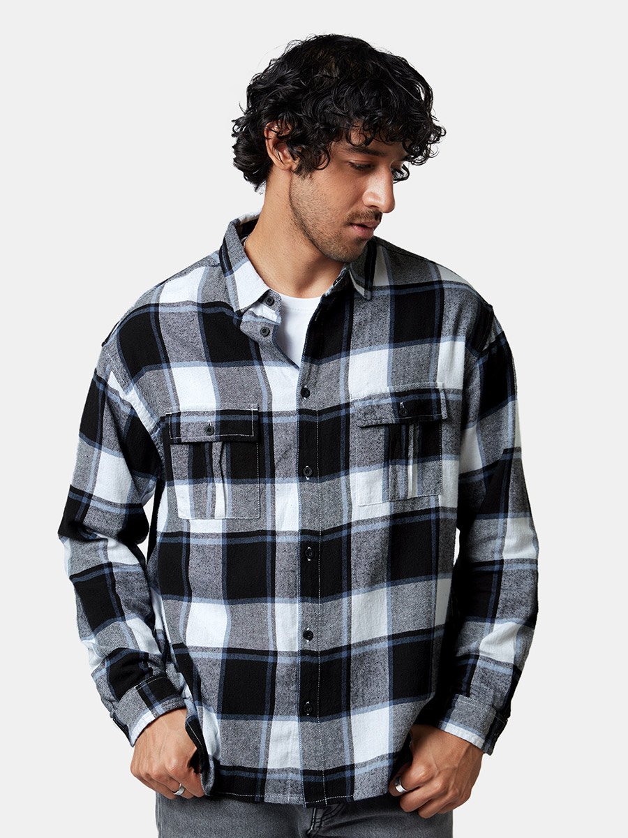 Men Blue Checked Flannel Utility Shirt
