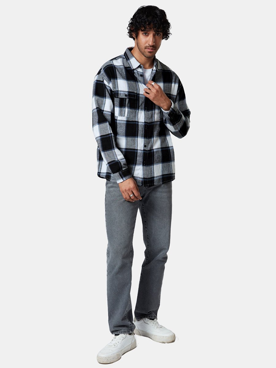 Men Blue Checked Flannel Utility Shirt