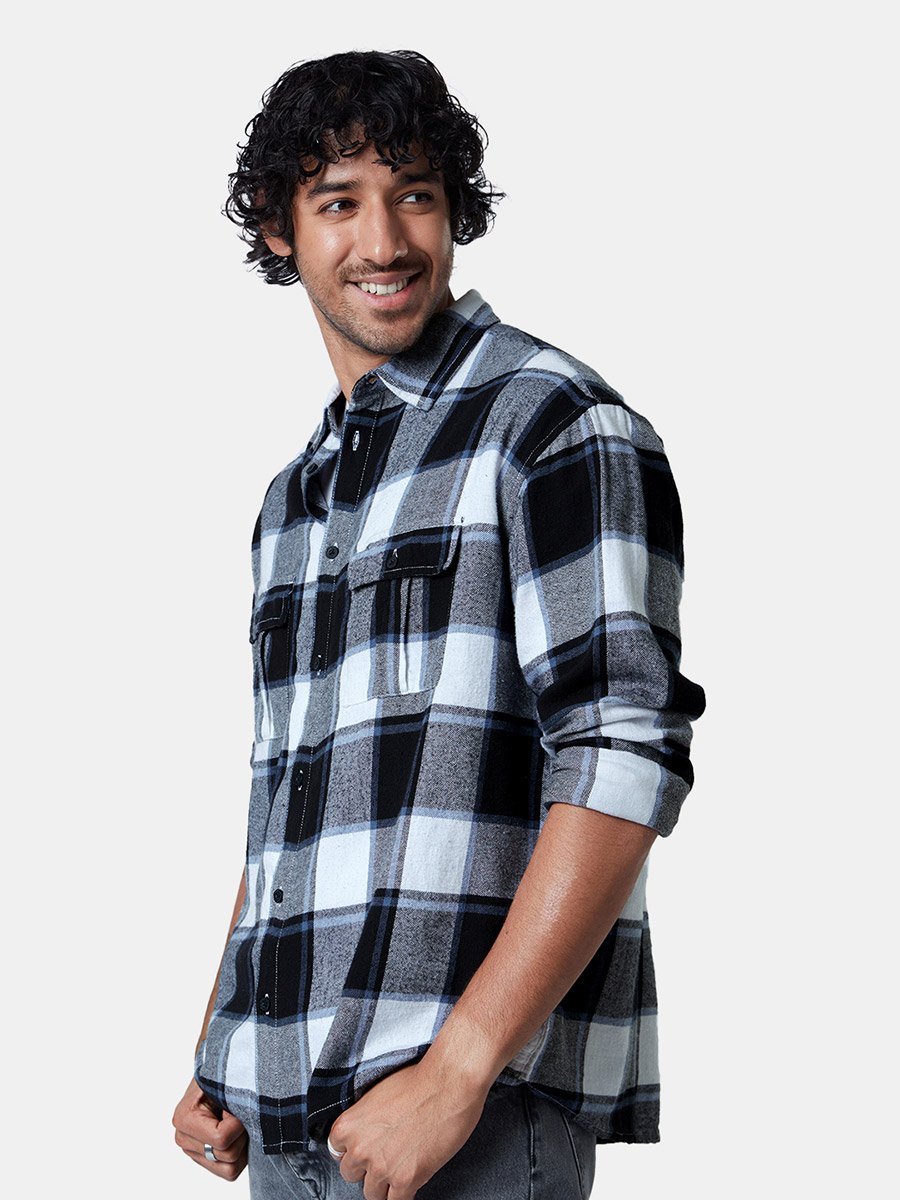 Men Blue Checked Flannel Utility Shirt