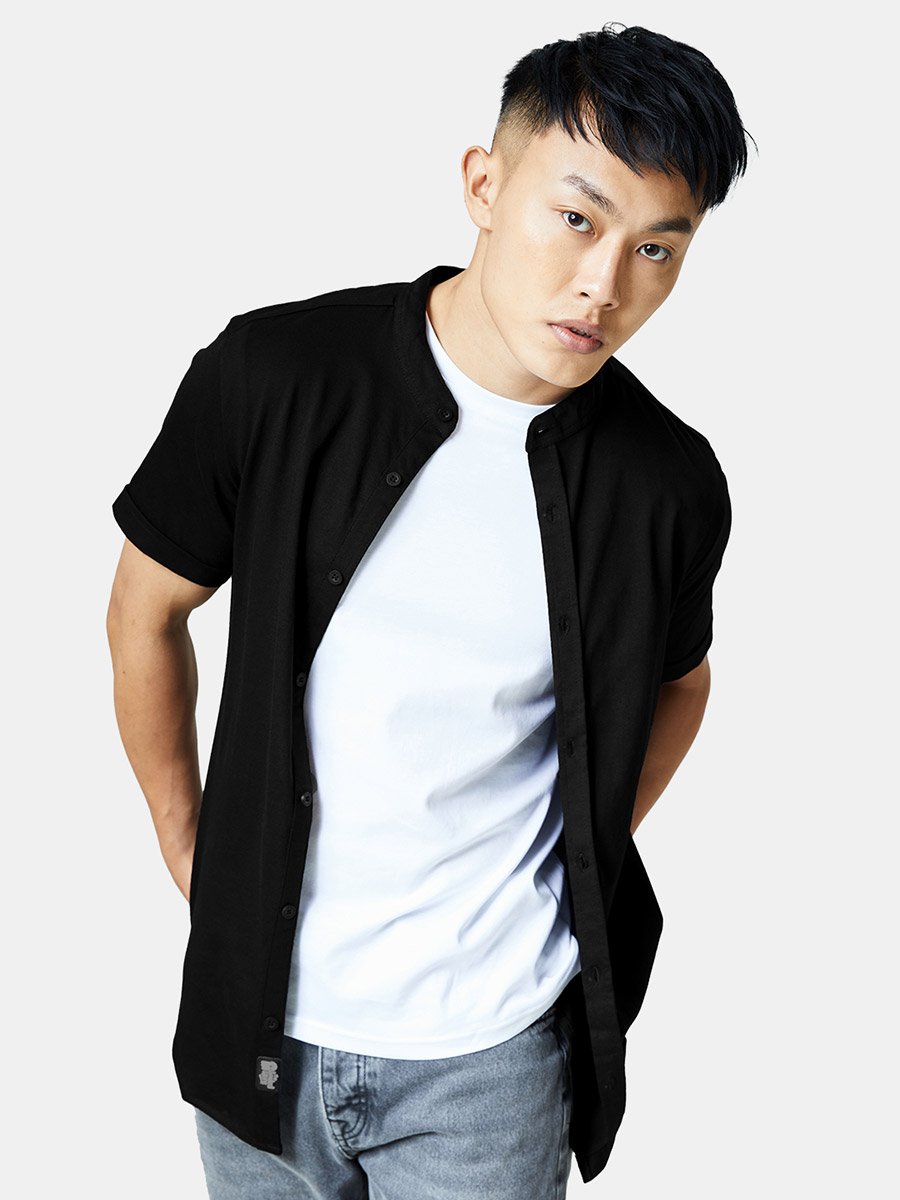 Men Black Mandarin Collar Knit Shirt