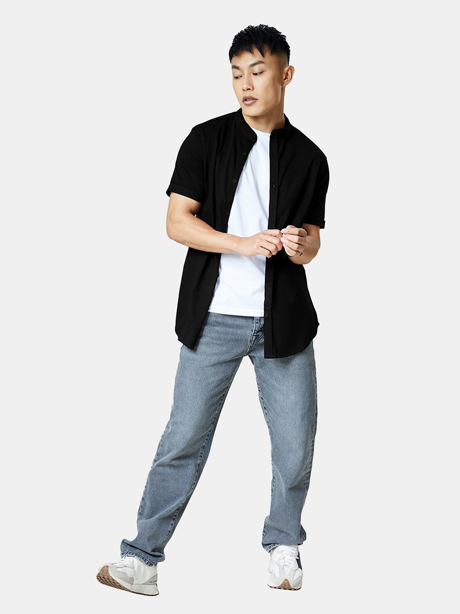 Men Black Mandarin Collar Knit Shirt