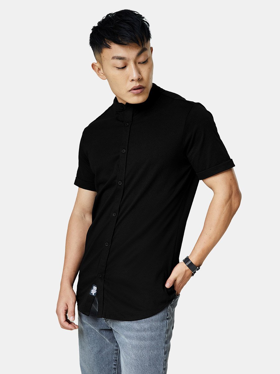 Men Black Mandarin Collar Knit Shirt