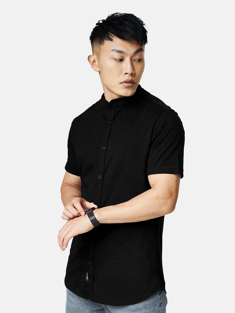 Men Black Mandarin Collar Knit Shirt