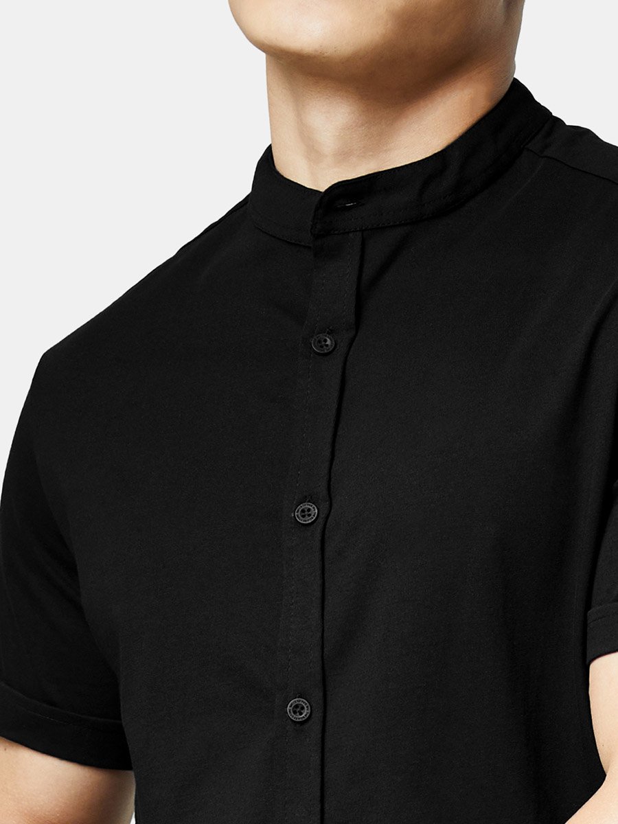 Men Black Mandarin Collar Knit Shirt