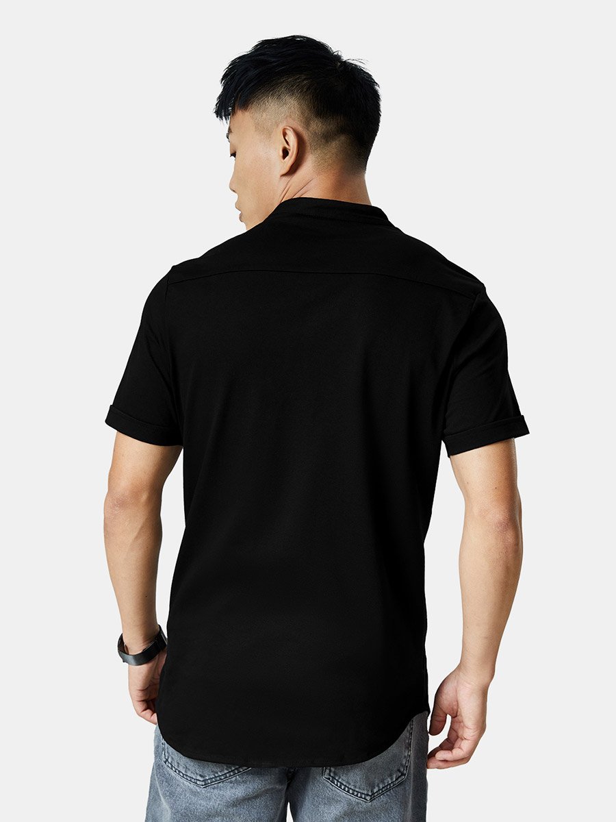Men Black Mandarin Collar Knit Shirt