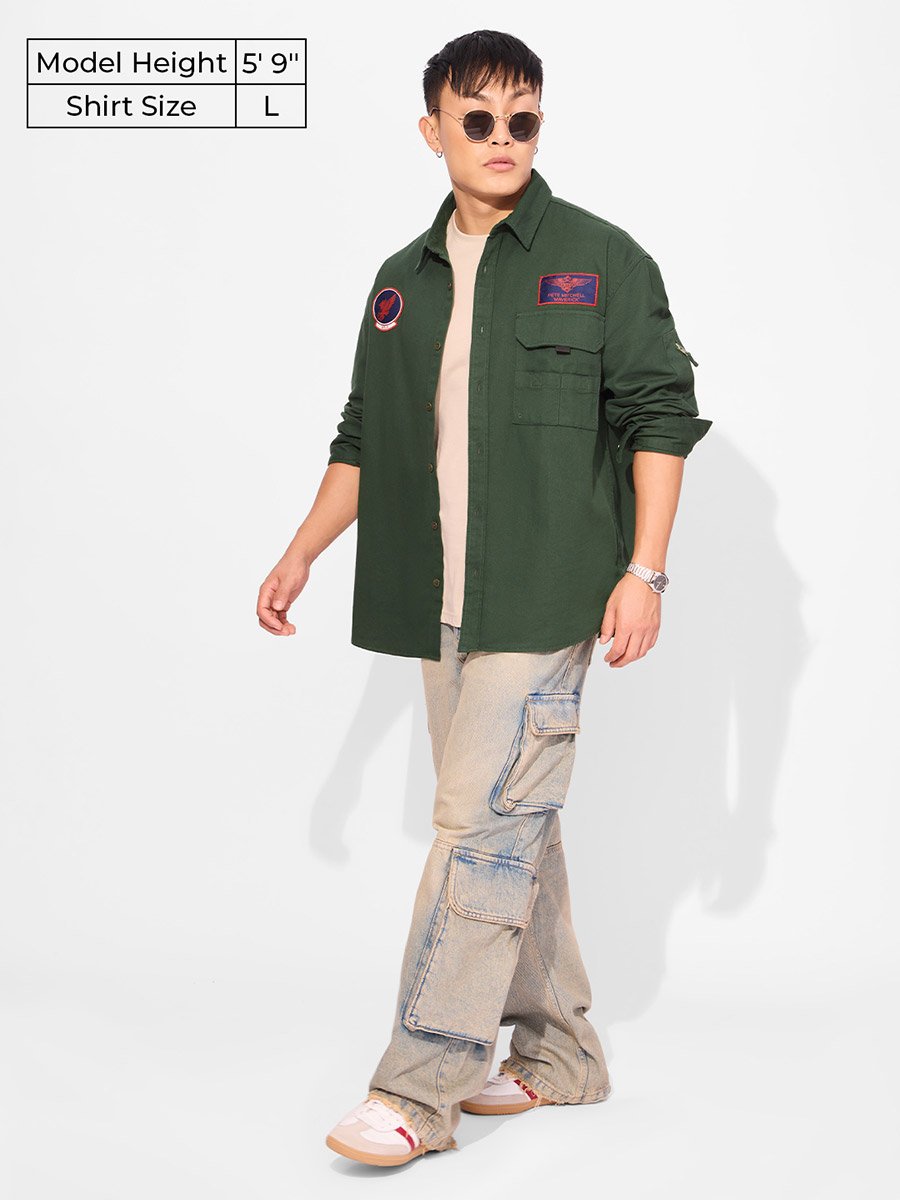 Men Green Flight Crew Patchwork Shirt