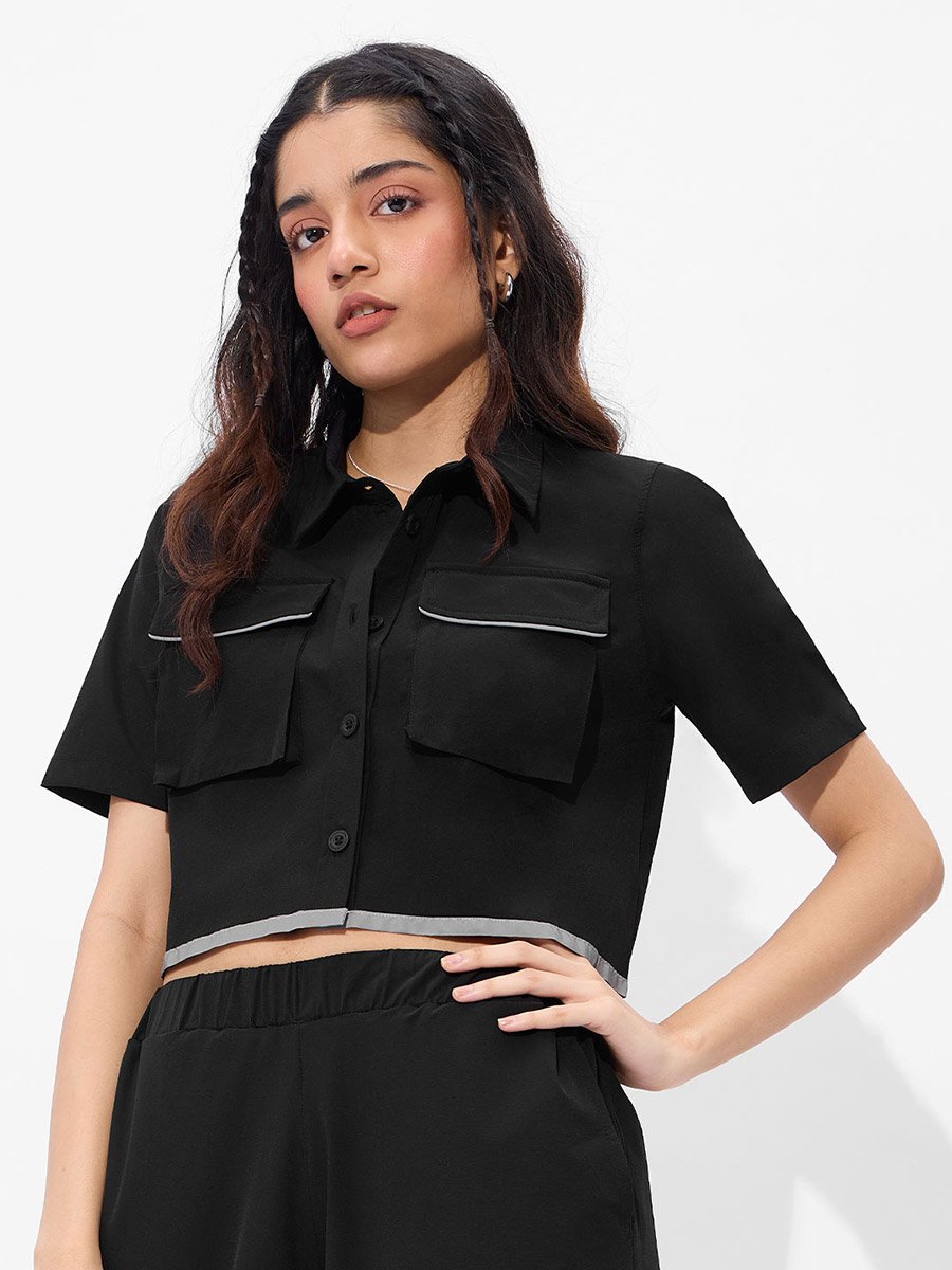 Black Crop Shirt with Flap Pocket