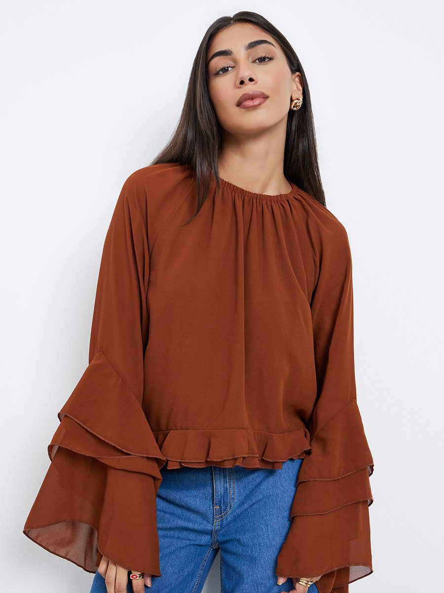 Brown Solid Frill Detailing Bell Sleeves Chiffon Blouse For Women