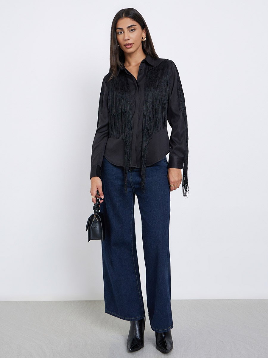 Black Fringe Shirt with Concealed Placket