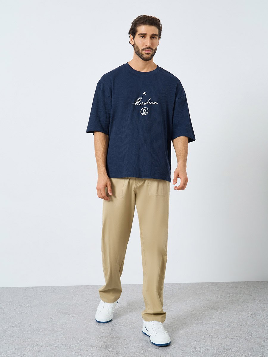 Waffle Textured City Text Print Oversized T-Shirt