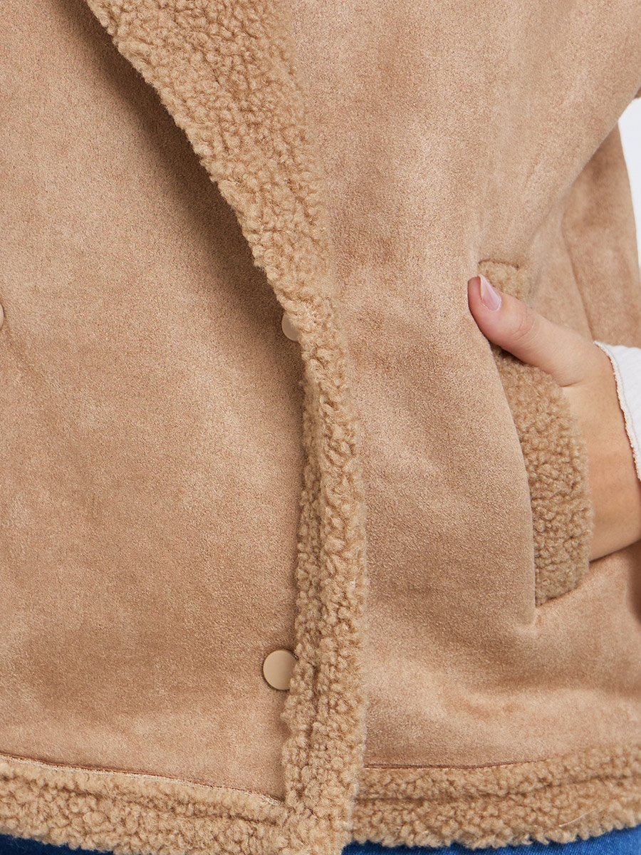 Beige Sleeveless Faux Fur Lining Gilet