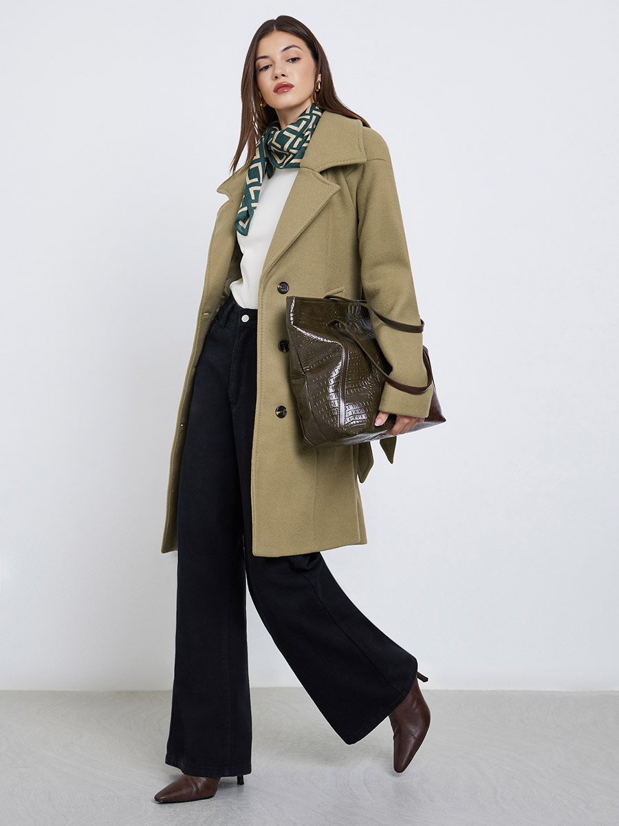 Khaki Regular Fit Wool Like Belted Coat