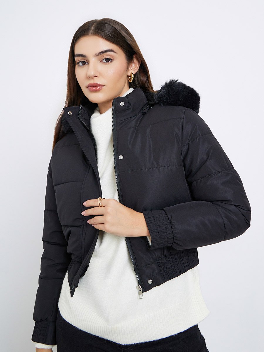 Black Regular Fit Short Length Hooded Padded Jacket with Faux Fur Detail