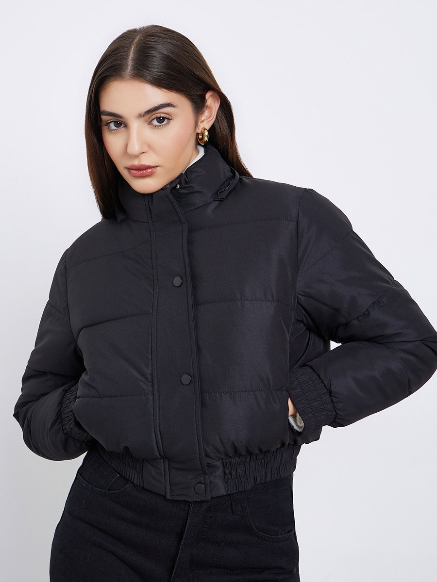 Black Regular Fit Short Length Hooded Padded Jacket with Faux Fur Detail
