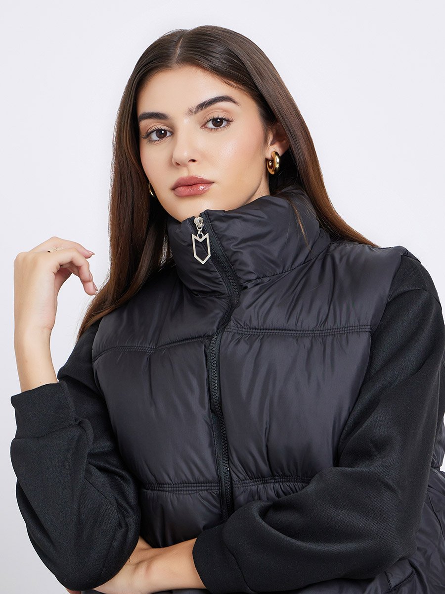 Black Regular Fit Crop Padded Jacket