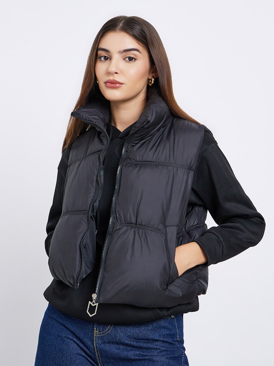 Black Regular Fit Crop Padded Jacket