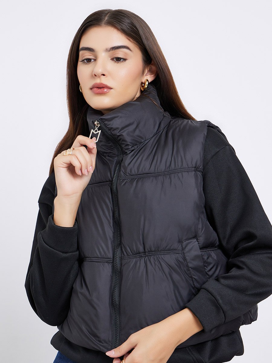 Black Regular Fit Crop Padded Jacket