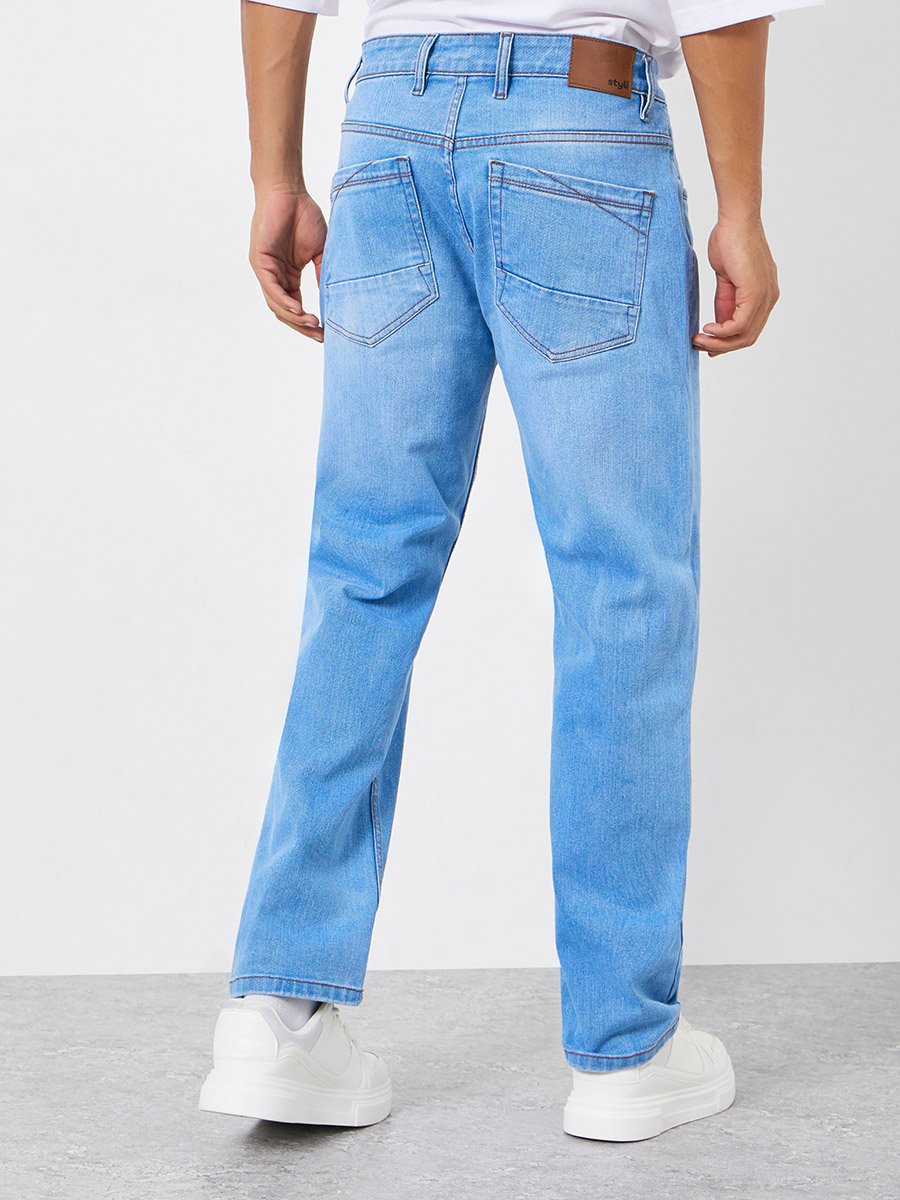 Men Light Blue Regular Fit Washed Jeans