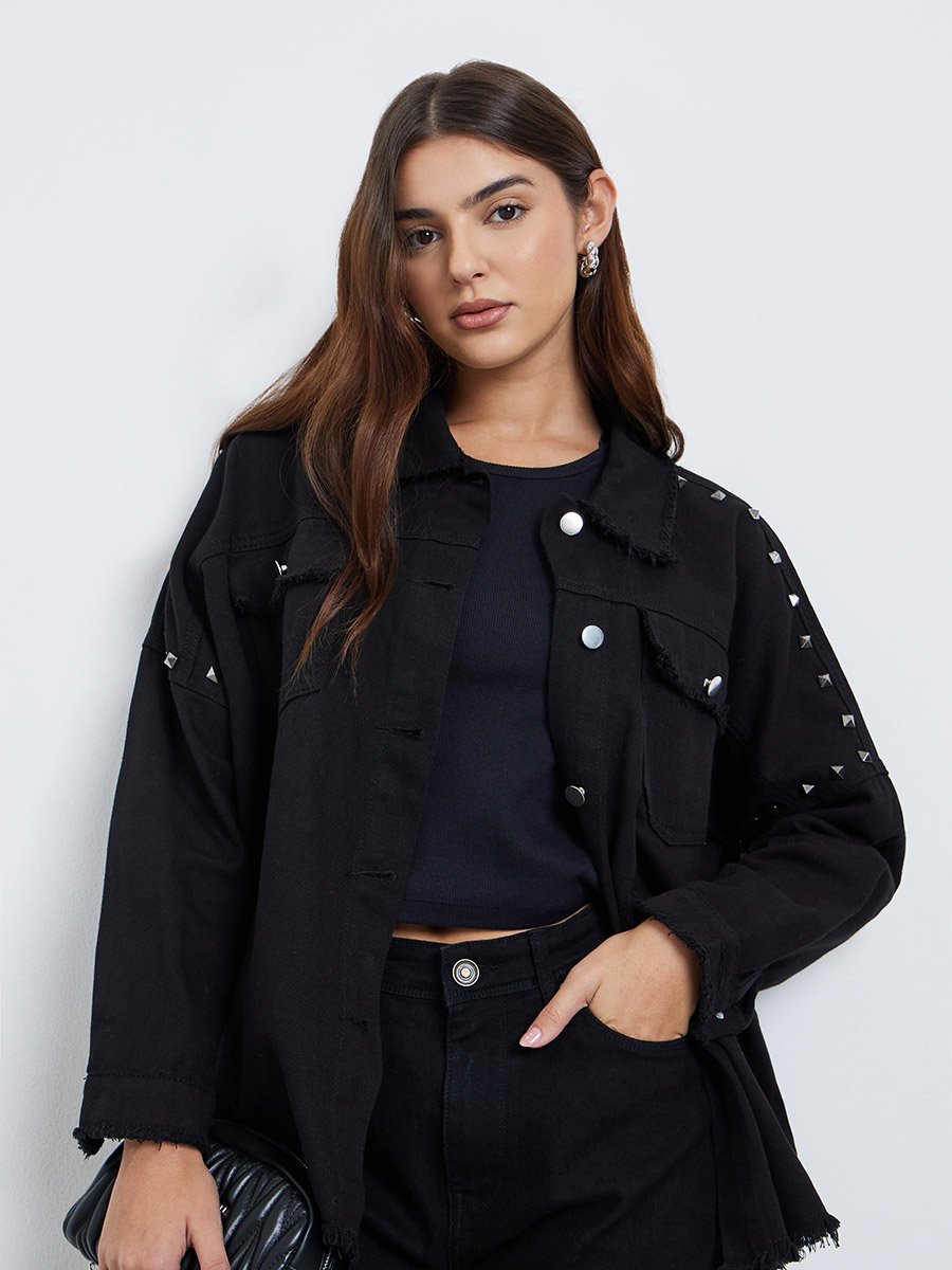 Black Studded Oversized Denim Shirt with Frayed Edge