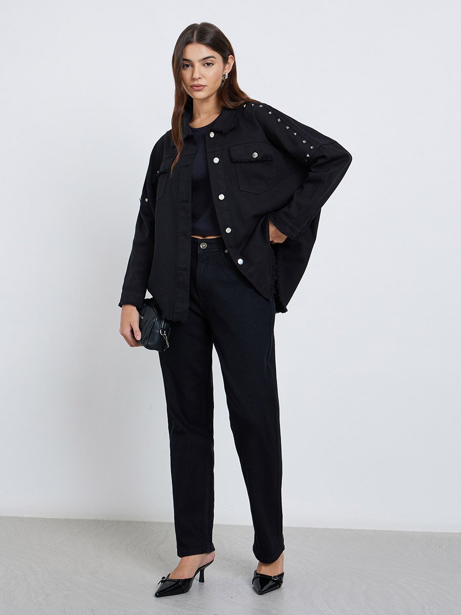 Black Studded Oversized Denim Shirt with Frayed Edge