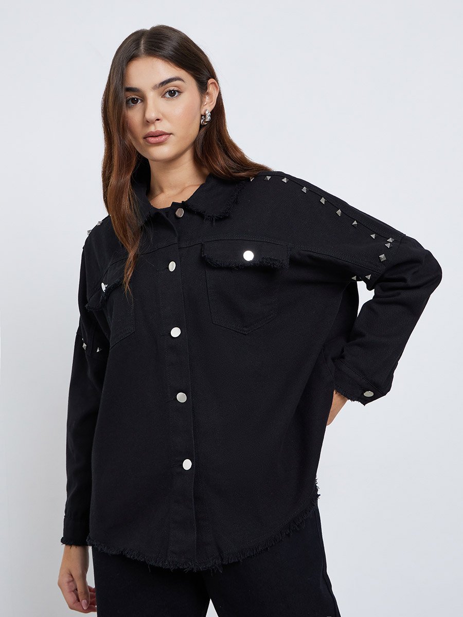 Black Studded Oversized Denim Shirt with Frayed Edge