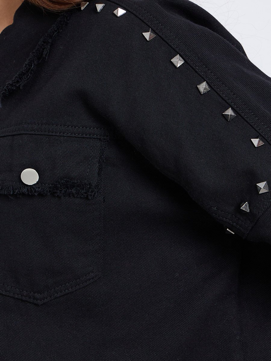 Black Studded Oversized Denim Shirt with Frayed Edge